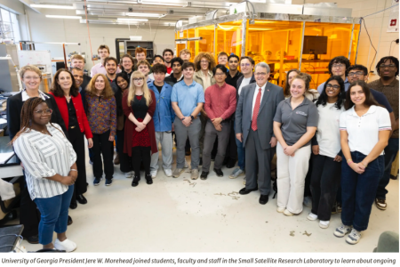 University of Georgia President Jere W. Morehead joined students, faculty and staff in the Small Satellite Research Laboratory to learn about ongoing satellite missions and meet with the student teams driving UGA’s space research forward. (Photo by Andrew Davis Tucker/UGA)
